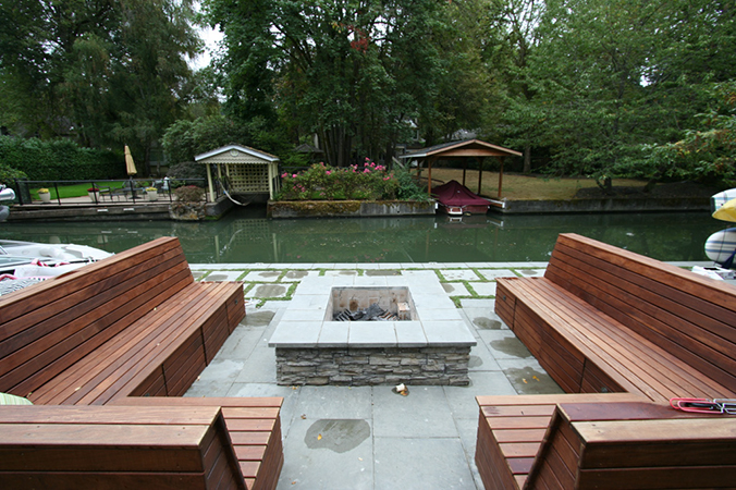firepit with wood benches